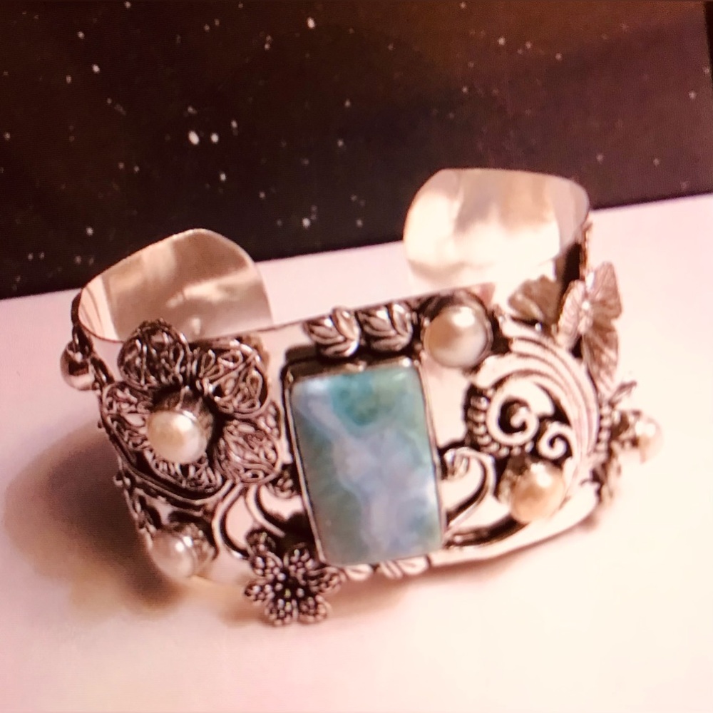 Larimar Pearl Stamped Solid 925 Sterling Silver Cuff Bracelet